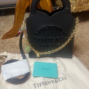 Tiffany & Co. Black Shoulder Bag with Gold Chain Raised lettering